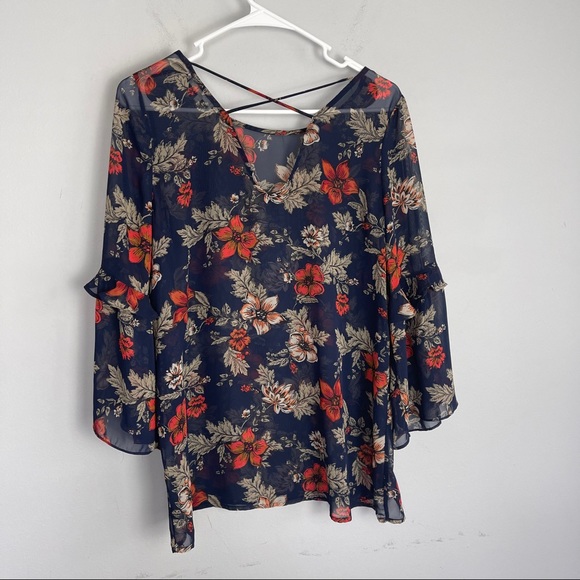 Pleione floral blouse navy red sheer - Picture 5 of 6